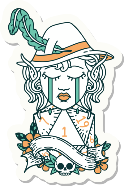 Ağlayan bir elf şair karakterinin çıkartması. İnsan tarafından çizilmiş doğal bir d20 zar.