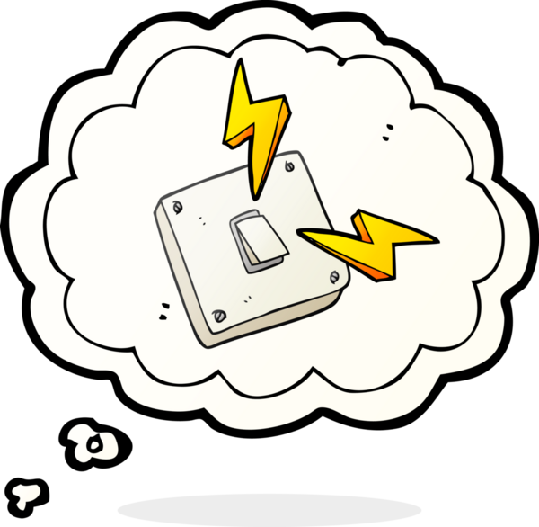 Serbest çizim düşünce balonu çizgi filmi bir insan tarafından çizilmiş elektrik düğmesini ateşliyor.