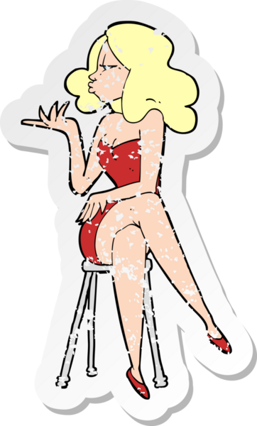 Bir insan tarafından çizilmiş bar taburesinde oturan bir karikatür kadının gerilimli retro yapıştırması.