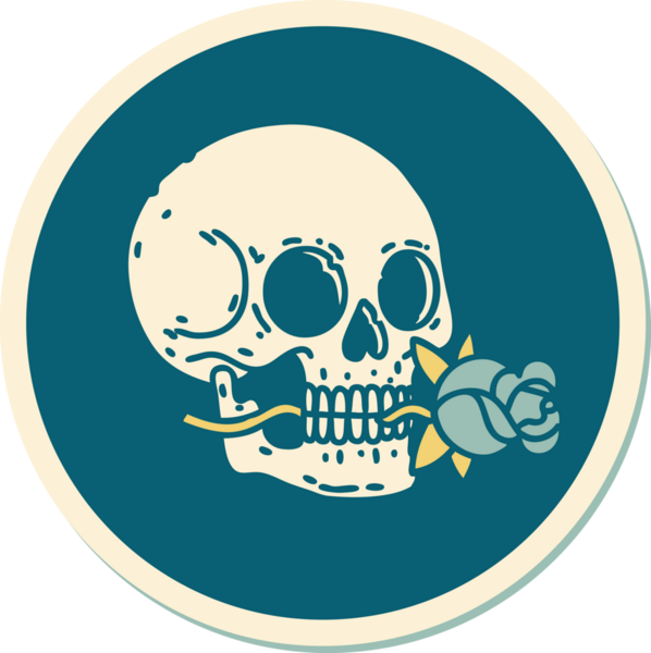 Geleneksel kafatası stili dövme çıkartması ve bir insan tarafından çizilmiş gül.