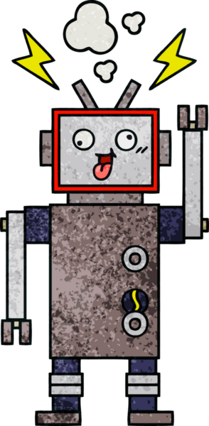 Bir insan tarafından çizilmiş çatlak bir robotun retro grunge desen karikatürü