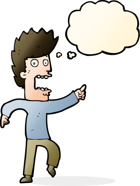 Bir insan tarafından çizilmiş düşünce baloncuğuyla dehşete düşmüş bir adam.