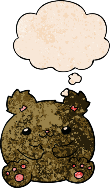 Bir insan tarafından çizilmiş grunge desenli düşünce baloncuklu çizgi film ayısı.