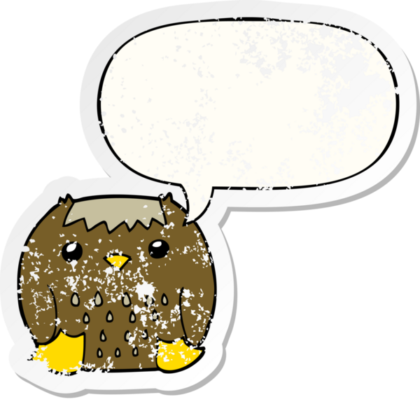 Konuşma baloncuğu olan çizgi film baykuşu bir insan tarafından çizilmiş sıkıntılı eski bir çıkartma