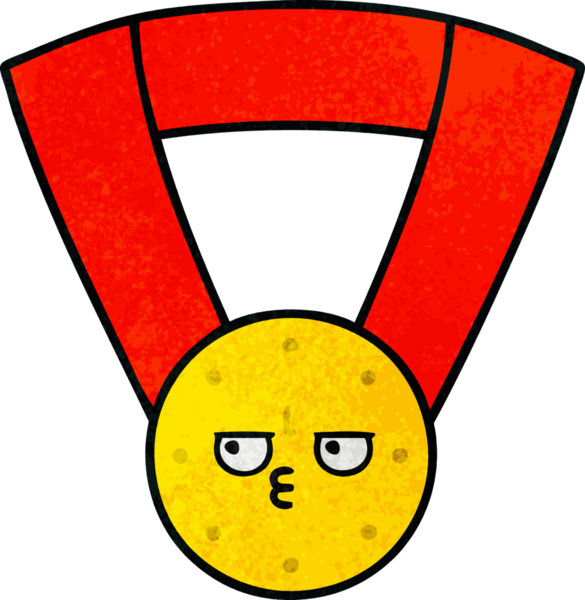 Bir insan tarafından çizilmiş altın madalyanın retro grunge desenli karikatürü