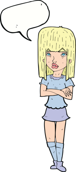 Bir insan tarafından çizilmiş konuşma balonuyla çapraz kollu çizgi film kızı.