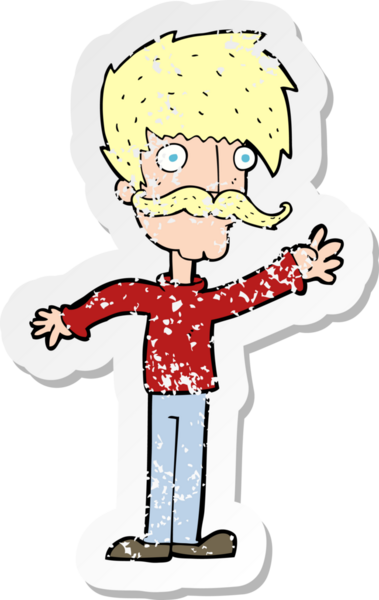 Bir insan tarafından çizilmiş bıyıklı bir adamın gerilmiş çıkartması.