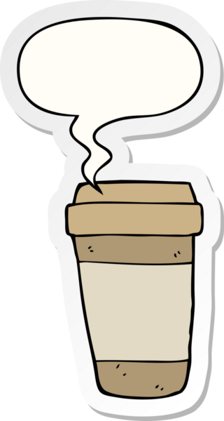 Bir insan tarafından çizilmiş konuşma balonu çıkartmalı çizgi film kahve fincanı.