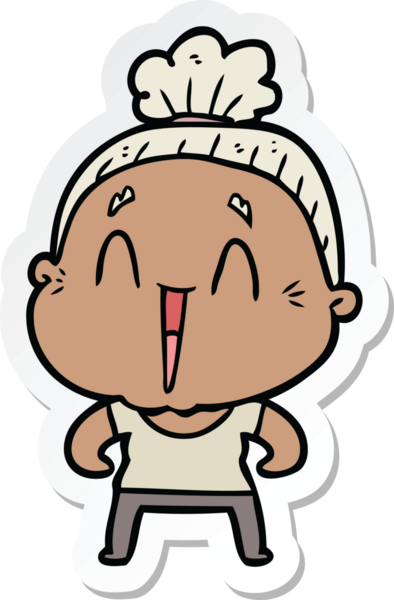 Bir insan tarafından çizilmiş mutlu yaşlı bir kadının çıkartması.