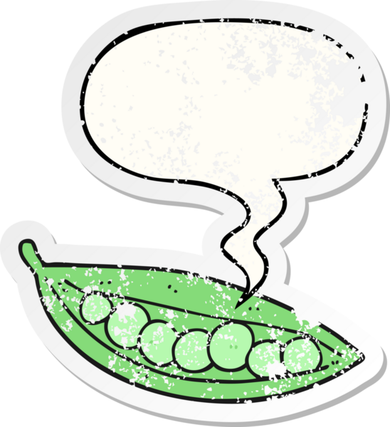 Konuşma baloncuğu olan bezelyeler bir insan tarafından çizilmiş sıkıntılı eski bir çıkartma.