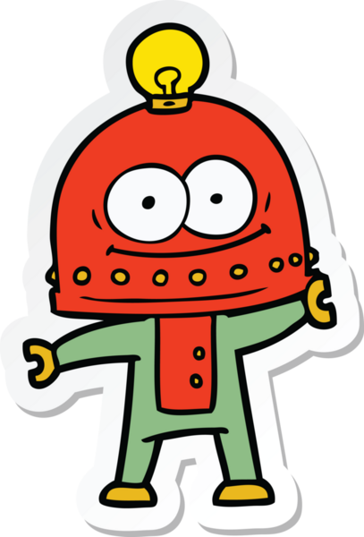 Bir insan tarafından çizilmiş mutlu bir karton robotun çıkartması.