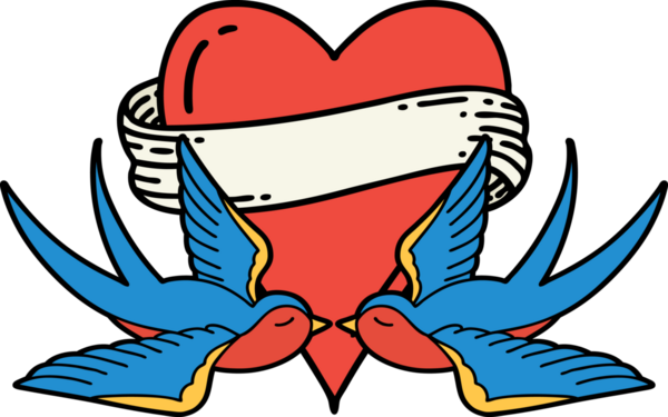 Geleneksel kırlangıç tarzında dövme ve bir insan tarafından çizilmiş sancaklı bir kalp.