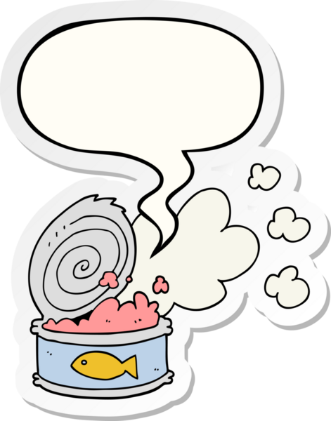 Bir insan tarafından çizilmiş konuşma balonu çıkartmalı kokuşmuş balık konservesi.