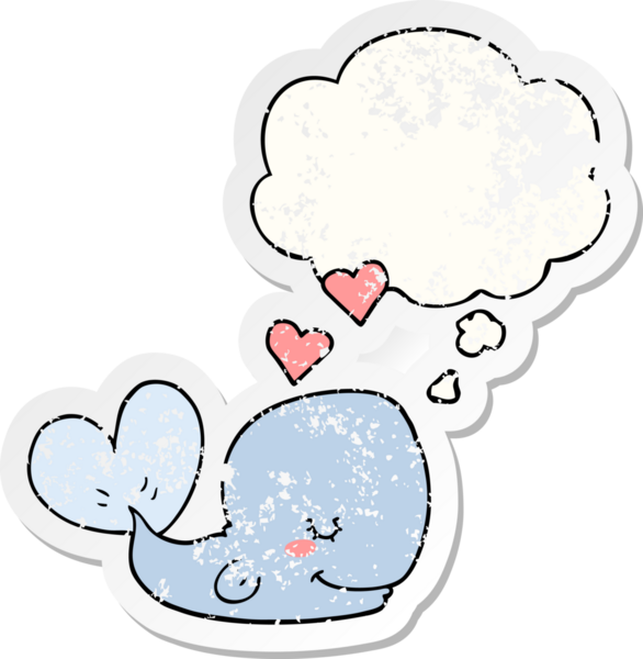 Düşünce baloncuğuna aşık çizgi film balinası insan tarafından çizilmiş yıpranmış bir çıkartma gibi