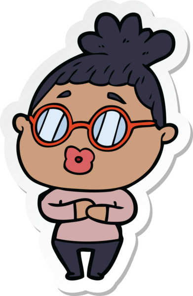 Bir insan tarafından çizilmiş gözlüklü bir karikatür kadının çıkartması.