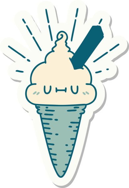 Bir insan tarafından çizilmiş dövme stili dondurma karakterinin çıkartması.