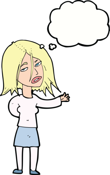 Bir insan tarafından çizilmiş düşünce kabarcığı olan mutsuz bir kadın çizgi filmi.