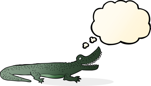 Bir insan tarafından çizilmiş düşünce balonlu mutlu timsah çizgi filmi