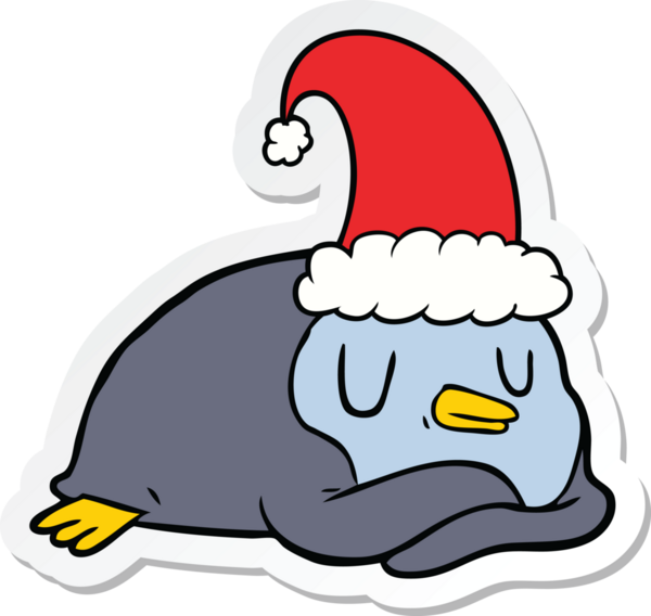 Bir insan tarafından çizilmiş Noel şapkası takan penguen karikatürü çıkartması.