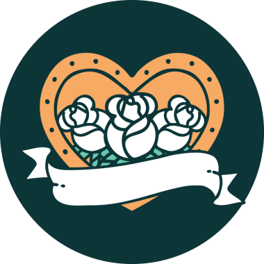 İkonik dövme stili bir kalp ve bir insan tarafından çizilmiş çiçekli pankart.