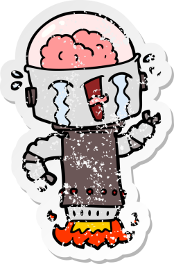 Bir insan tarafından çizilmiş ağlayan robot karikatür çıkartması.