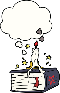 Bir insan tarafından çizilmiş düşünce baloncuğu olan ürkütücü çizgi film büyüsü kitabı.