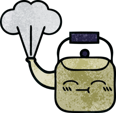 Bir insan tarafından çizilen dumanı tüten bir çaydanlığın retro grunge desenli karikatürü