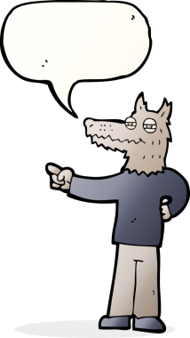 Bir insan tarafından çizilmiş konuşma balonuyla kurt adamı gösteren çizgi film.