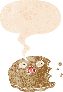 Isırılmış çizgi film kurabiyesi ve grunge içinde konuşma kabarcığı bir insan tarafından çizilmiş sıkıntılı retro dokuma tarzı