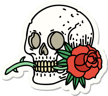 Geleneksel kafatası stili dövme çıkartması ve bir insan tarafından çizilmiş gül.