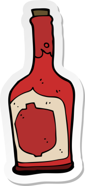 Bir insan tarafından çizilmiş bir şişe romun çıkartması.