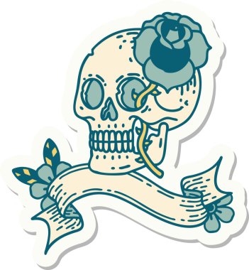 Bir insan tarafından çizilmiş kafatası ve gül şeklinde dövme stili.