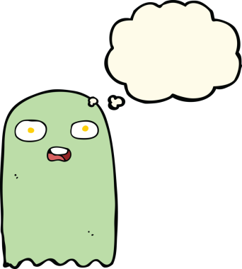 Bir insan tarafından çizilmiş düşünce baloncuklu komik çizgi film hayaleti.