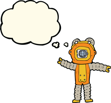 Bir insan tarafından çizilmiş düşünce balonlu derin deniz dalgıcı.