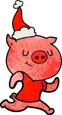 Mutlu el çizimi bir insan tarafından çizilmiş Noel Baba şapkasıyla koşan bir domuzun çizgi filmi.