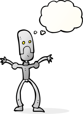 Bir insan tarafından çizilmiş düşünce baloncuklu komik robot.