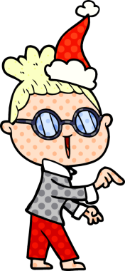 Bir insanın çizdiği Noel Baba şapkası takan bir kadının el çizimi çizgi roman tasviri.