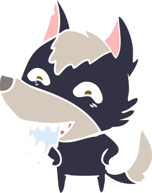 Düz renkli çizgi film aç kurt bir insan tarafından çizilmiş.