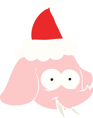 Bir insan tarafından çizilmiş Noel Baba şapkası giyen bir fil yüzünün düz renkli çizimi.