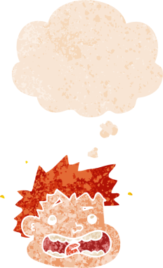 Düşünce baloncuklu karikatür korkmuş yüz grunge sıkıntılı retro dokuma tarzı bir insan tarafından çizilmiş