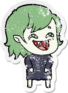 Bir insan tarafından çizilmiş gülen vampir kız çizgi filminin sıkıntılı çıkartması.