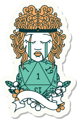 Bir insan tarafından çizilmiş doğal bir d20 rulo ile ağlayan bir insan barbarının çıkartması.