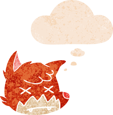 çizgi film ölü tilki suratı grunge içinde düşünce baloncuğu sıkıntılı retro dokuma tarzı bir insan tarafından çizilmiş