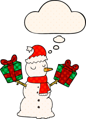 Çizgi roman tarzında bir insan tarafından çizilmiş düşünce balonlu kardan adam.