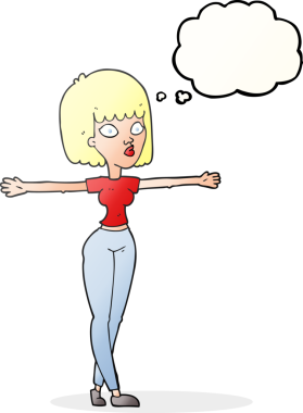 Düşünce baloncuğu çizen kadın bir insan tarafından çekilen kolları açıyor.