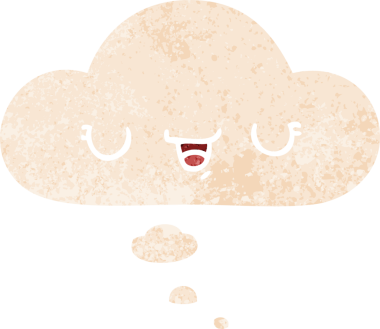 Düşünce baloncuğu ve grunge ile mutlu çizgi film ifadesi bir insan tarafından çizilmiş sıkıntılı retro dokuma tarzı