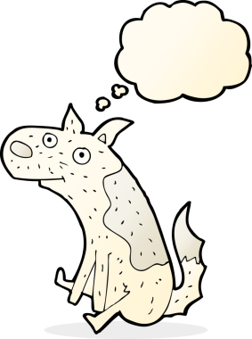 Bir insan tarafından çizilmiş düşünce baloncuğu ile oturan bir köpek.