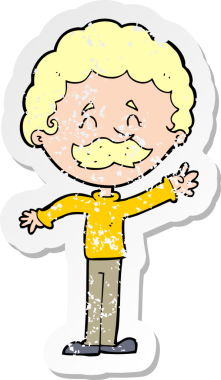 Bir insan tarafından çizilmiş bıyıklı bir karikatürcünün gerilemiş çıkartması.