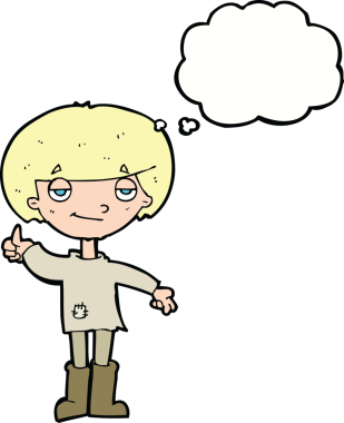 Kötü giyinmiş çizgi filmci çocuk bir insan tarafından çizilmiş düşünce baloncuğuyla baş parmağıyla işaret veriyor.