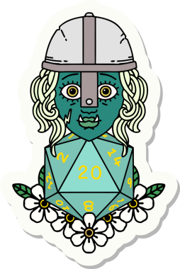 Bir insan tarafından çizilmiş 20 zarlı yarı ork savaşçı karakterinin çıkartması.